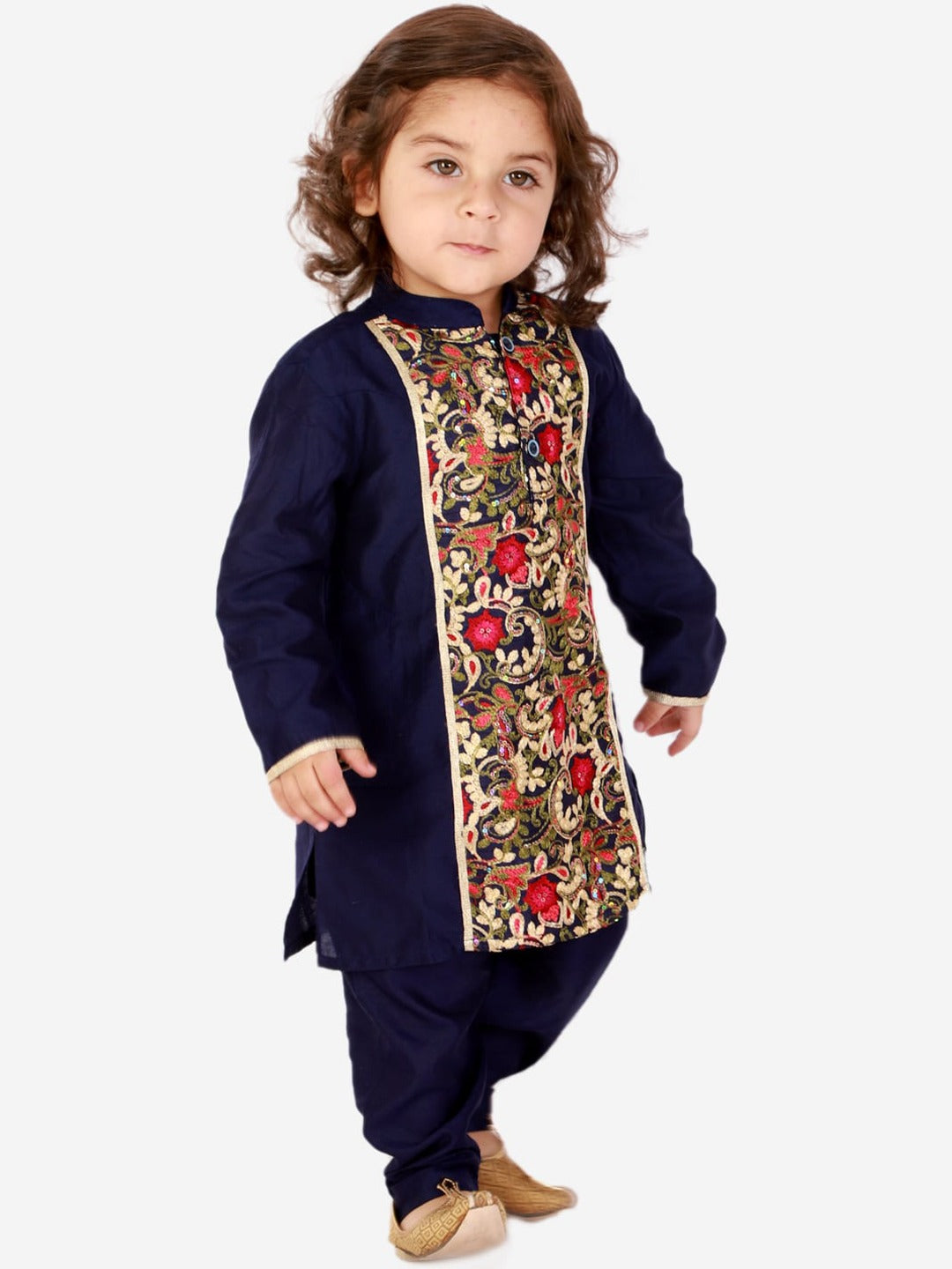 Kids Navy Blue Floral Embroidered Kurta | Traditional Indian Ethnic Wear