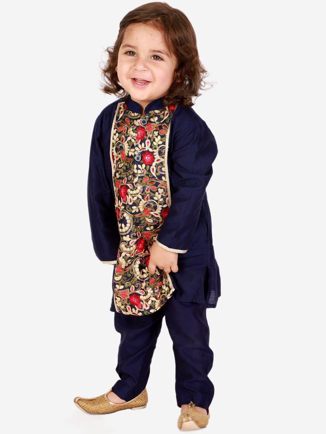 Kids Navy Blue Floral Embroidered Kurta | Traditional Indian Ethnic Wear