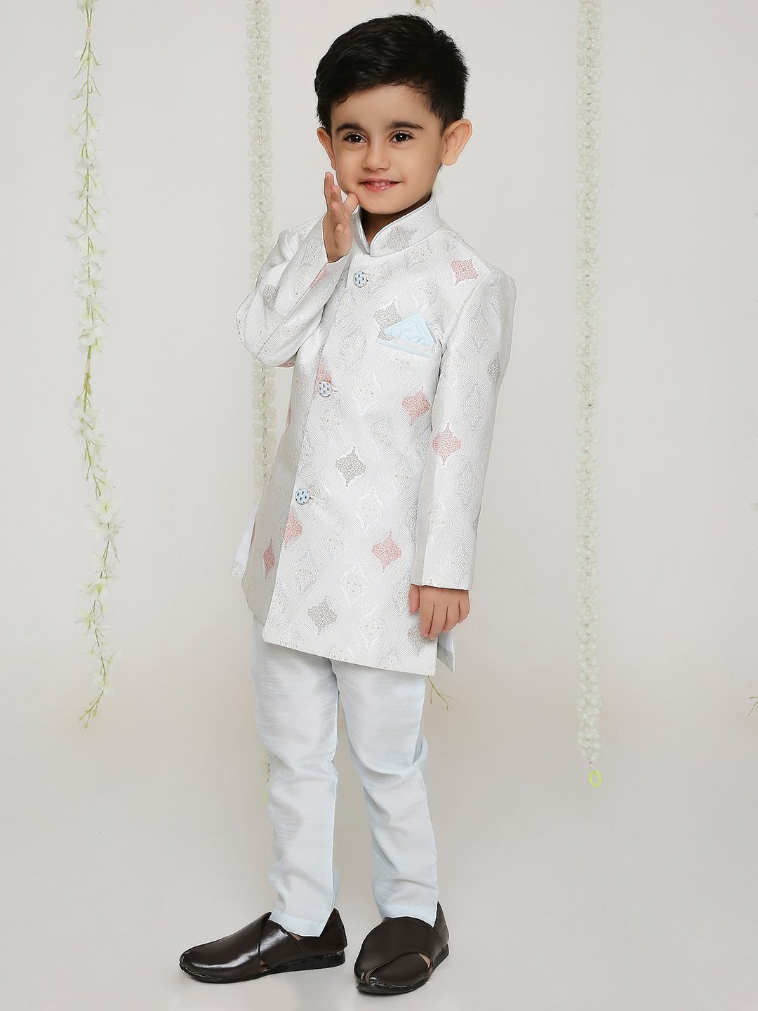Elegant Kids' White Embroidered Sherwani | Traditional Indian Ethnic Wear for Festive & Wedding Celebrations in Canada & USA