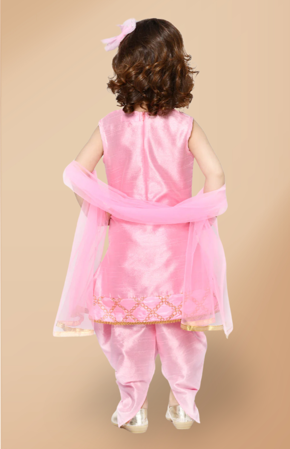 Girls Baby Pink Dhoti Kurta With Embroidery Dupatta