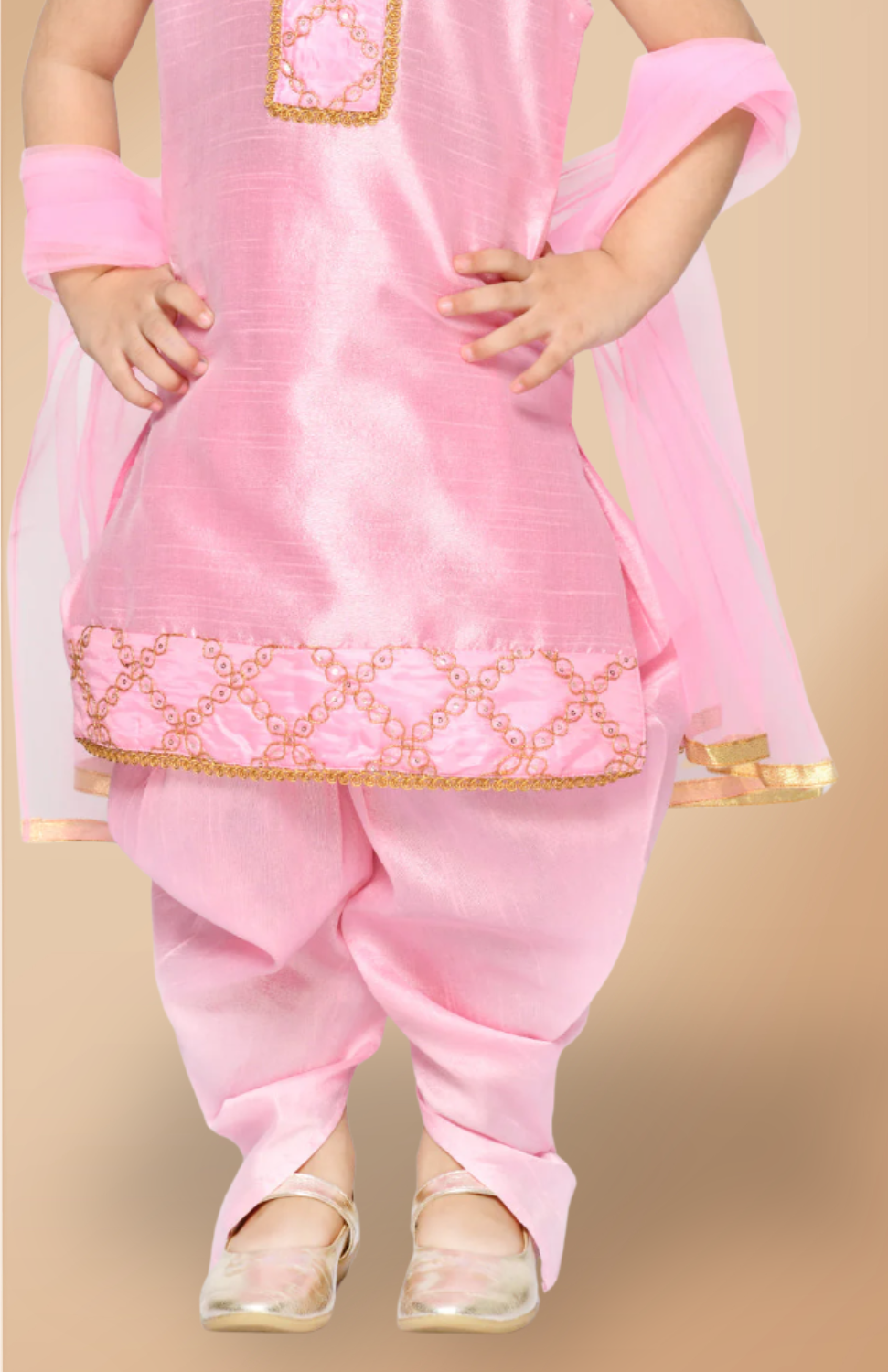 Girls Baby Pink Dhoti Kurta With Embroidery Dupatta