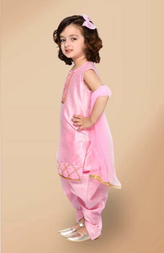 Girls Baby Pink Dhoti Kurta With Embroidery Dupatta