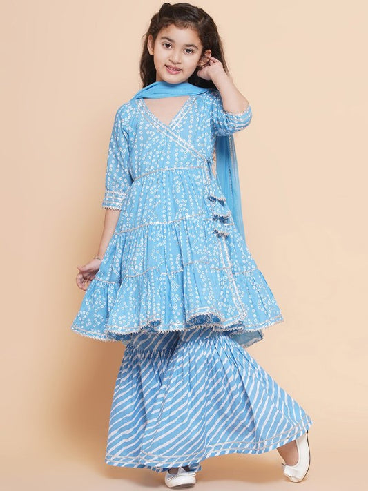 Girls Blue Bandhani Printed Ethnic Gotta Patti Kurta With Sharara Dress