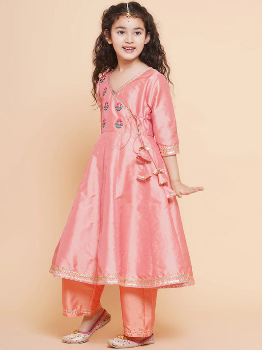 Girls Cute Peach Embroidered Kurta Pajama & Dupatta ethnic wear