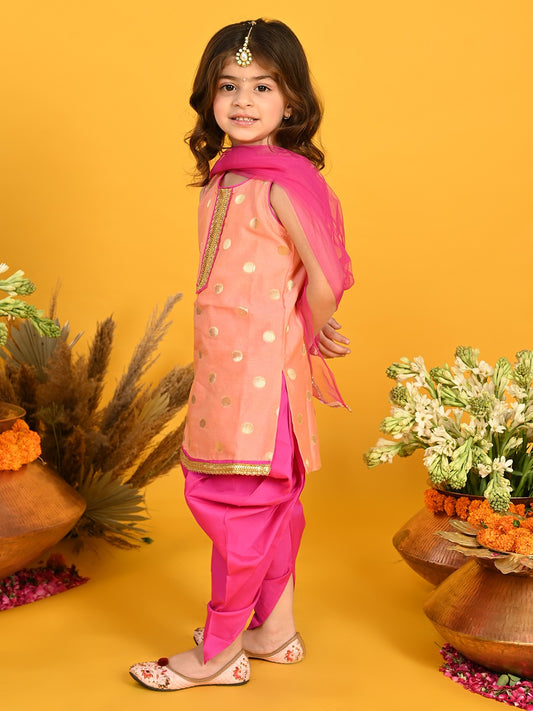 Girls Cute little Peach & Magenta Festive Dhoti Kurta Dress