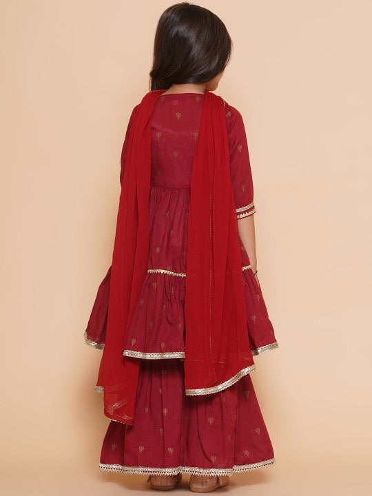 Girls Maroon Ethnic Traditional Angrakha Gotta Patti Kurta Sharara & Dupatta Dress