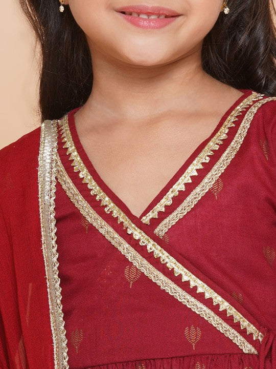 Girls Maroon Ethnic Traditional Angrakha Gotta Patti Kurta Sharara & Dupatta Dress
