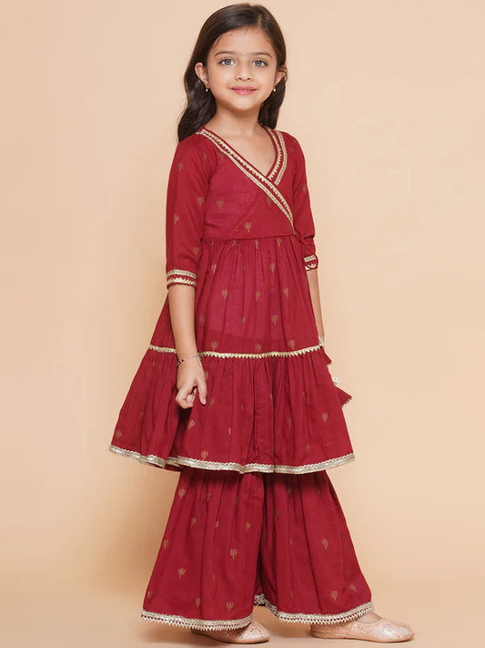 Girls Maroon Ethnic Traditional Angrakha Gotta Patti Kurta Sharara & Dupatta Dress