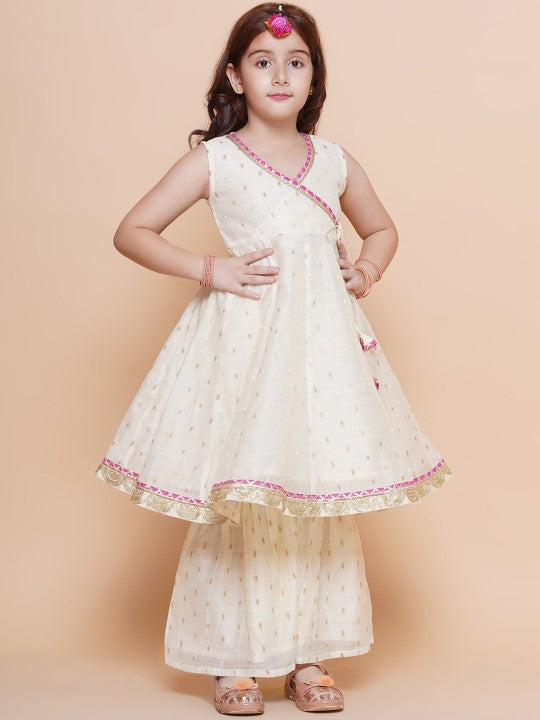 Girl White Ethnic Anarkali Gotta Patti Kurta & Trousers set With Dupatta Dress