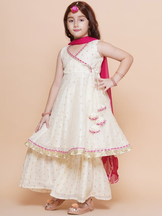 Girl White Ethnic Anarkali Gotta Patti Kurta & Trousers set With Dupatta Dress