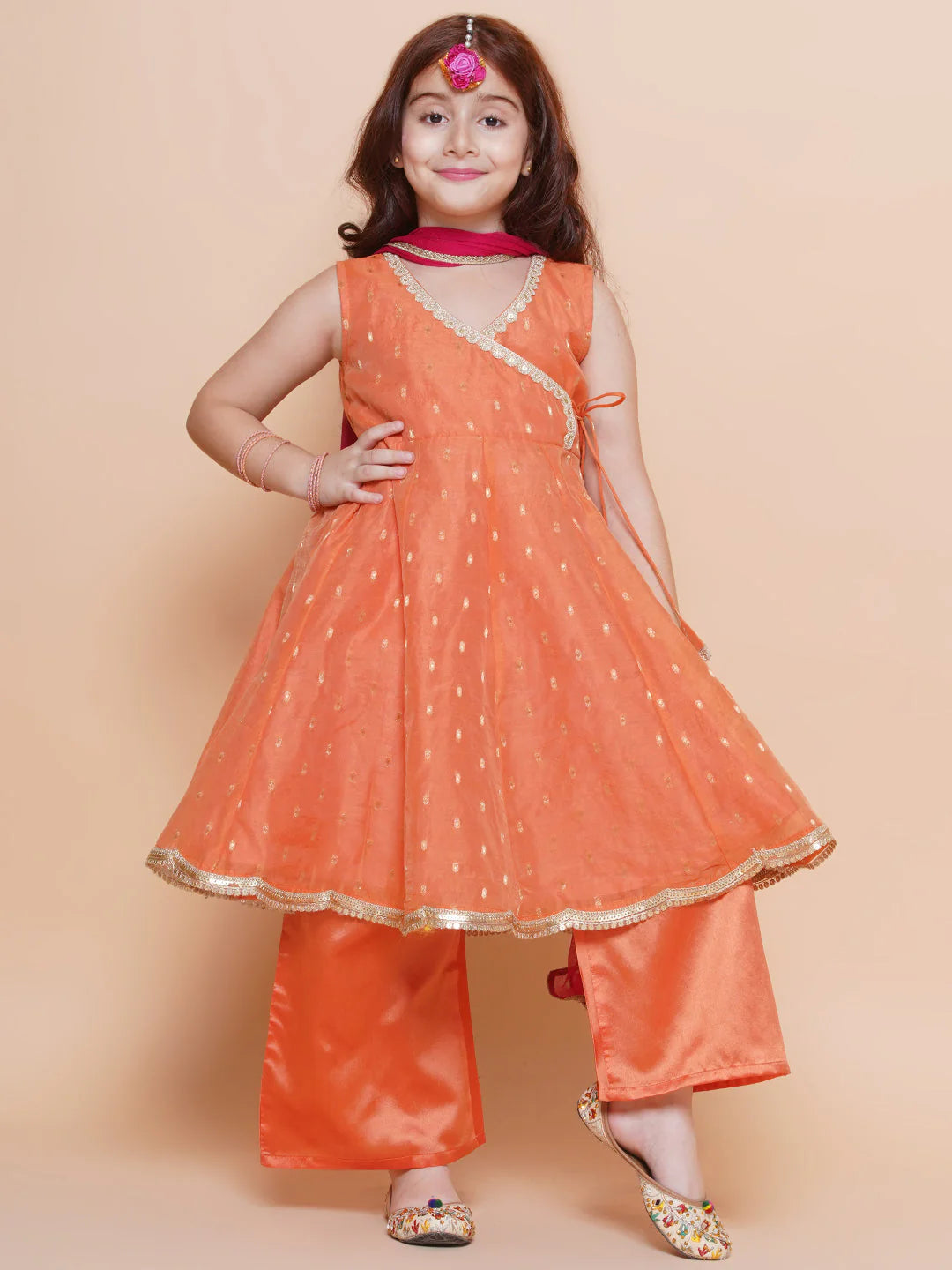 Girls Cute Peach Orange Ethnic and Traditional Kurta & Pajama, Dupatta Dress