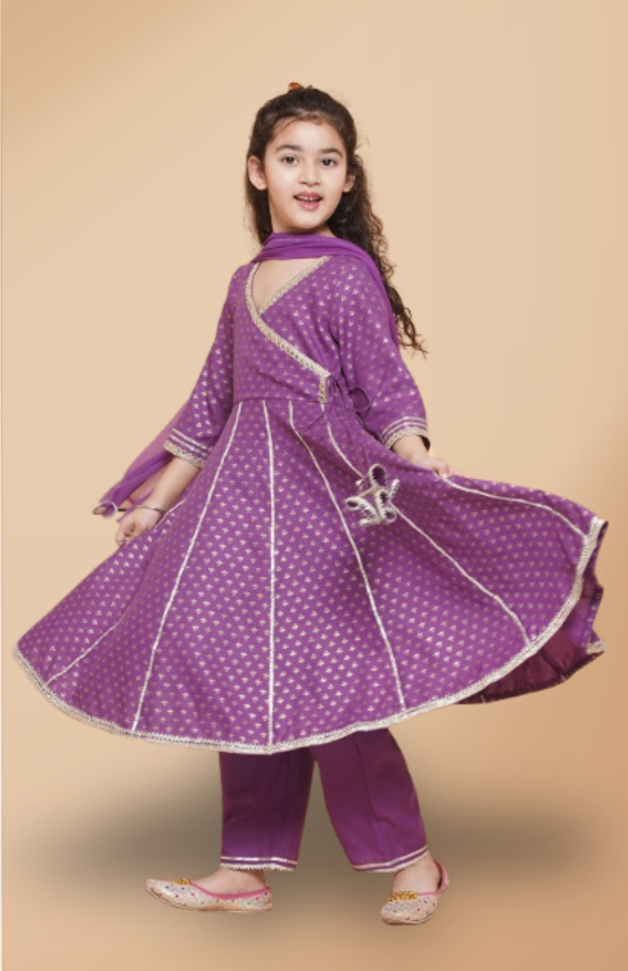 Girls Purple Ethnic Foil Printed Angrakha Kurta with Trouser & Dupatta