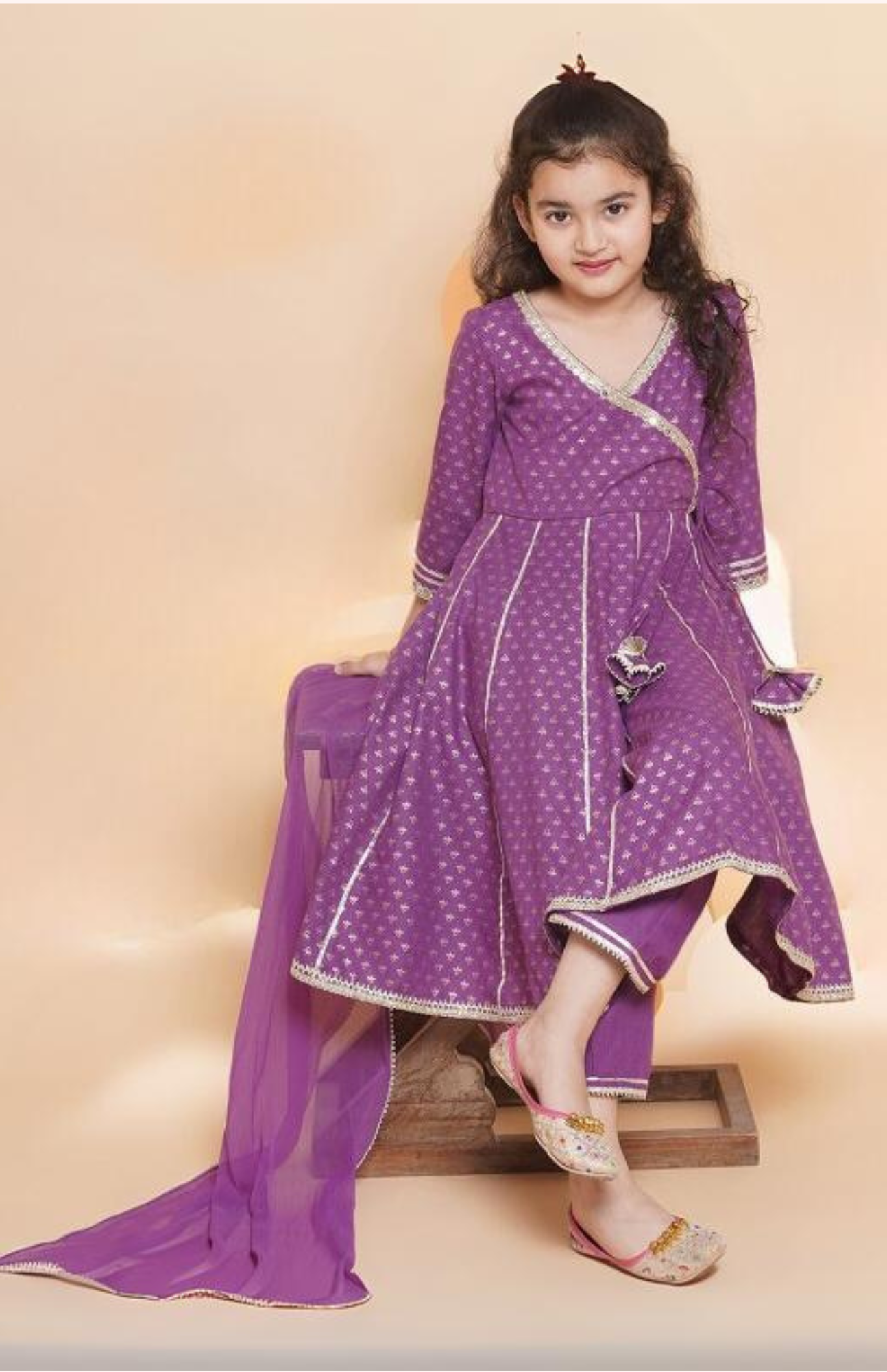 Girls Purple Ethnic Foil Printed Angrakha Kurta with Trouser & Dupatta