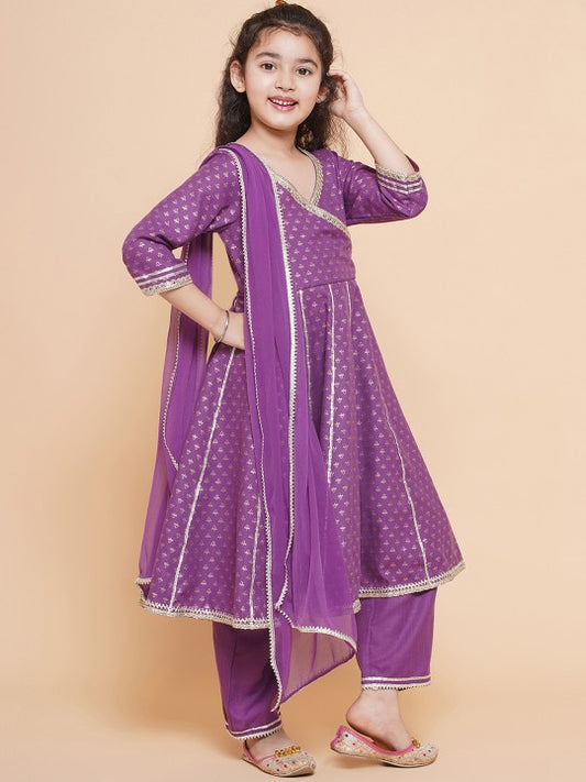 Girls Purple Ethnic Foil Printed Angrakha Kurta with Trouser & Dupatta