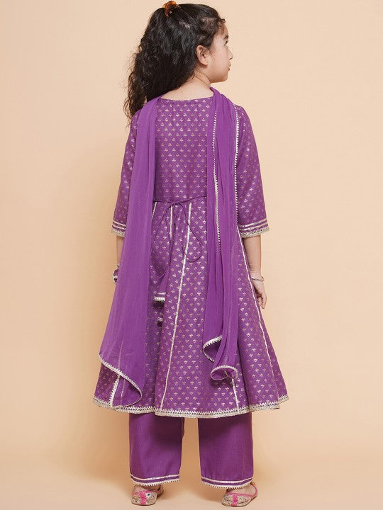 Girls Purple Ethnic Foil Printed Angrakha Kurta with Trouser & Dupatta