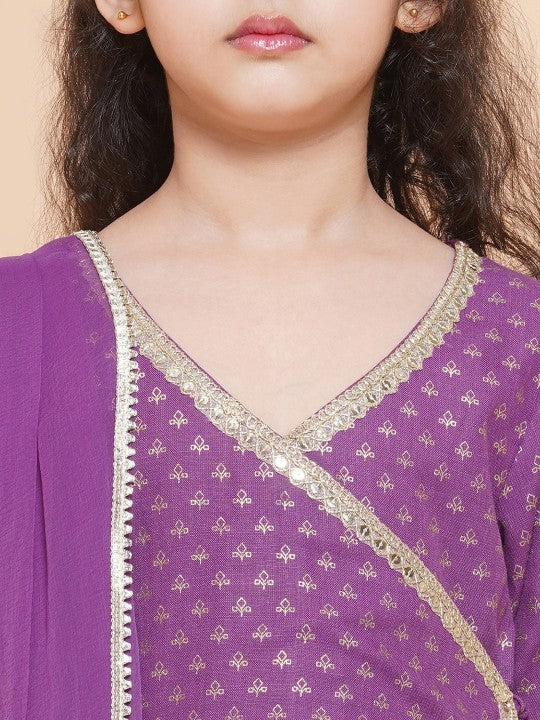 Girls Purple Ethnic Foil Printed Angrakha Kurta with Trouser & Dupatta