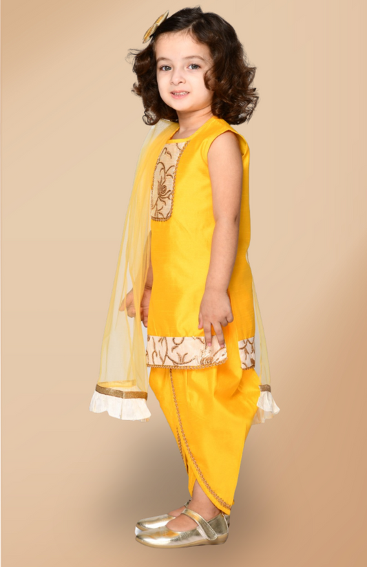Girls Yellow Ethnic Motifs Regular Kurta with Dhoti Pants & With Dupatta Dress