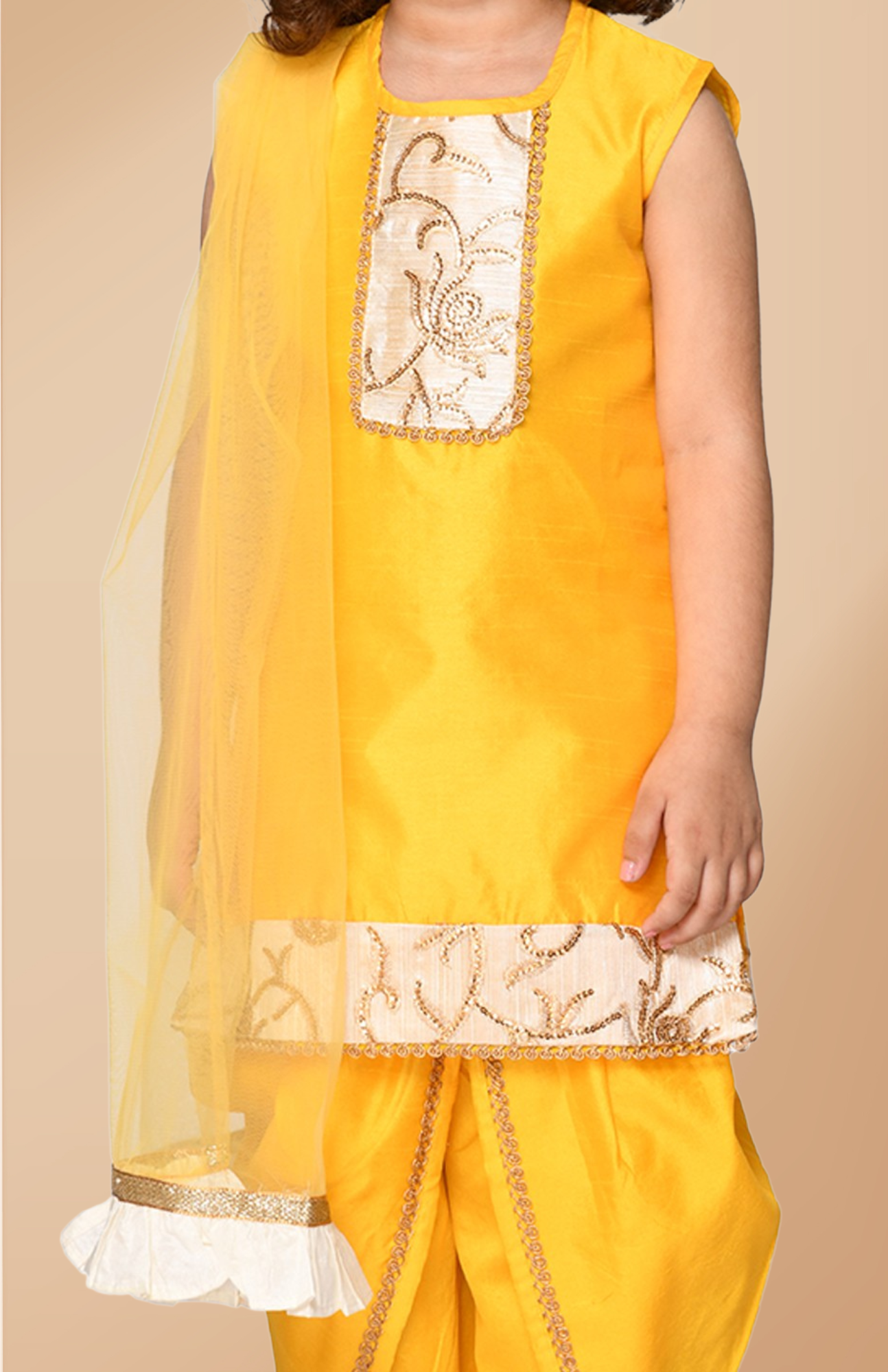 Girls Yellow Ethnic Motifs Regular Kurta with Dhoti Pants & With Dupatta Dress