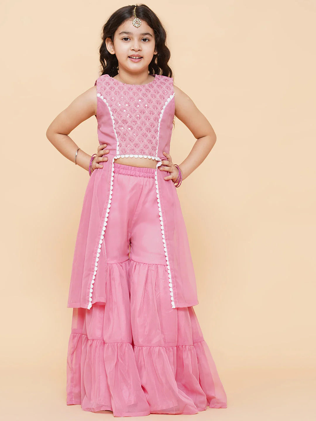 Pink Fancy Poly Georgette Straight Kurta With Sharara Dress