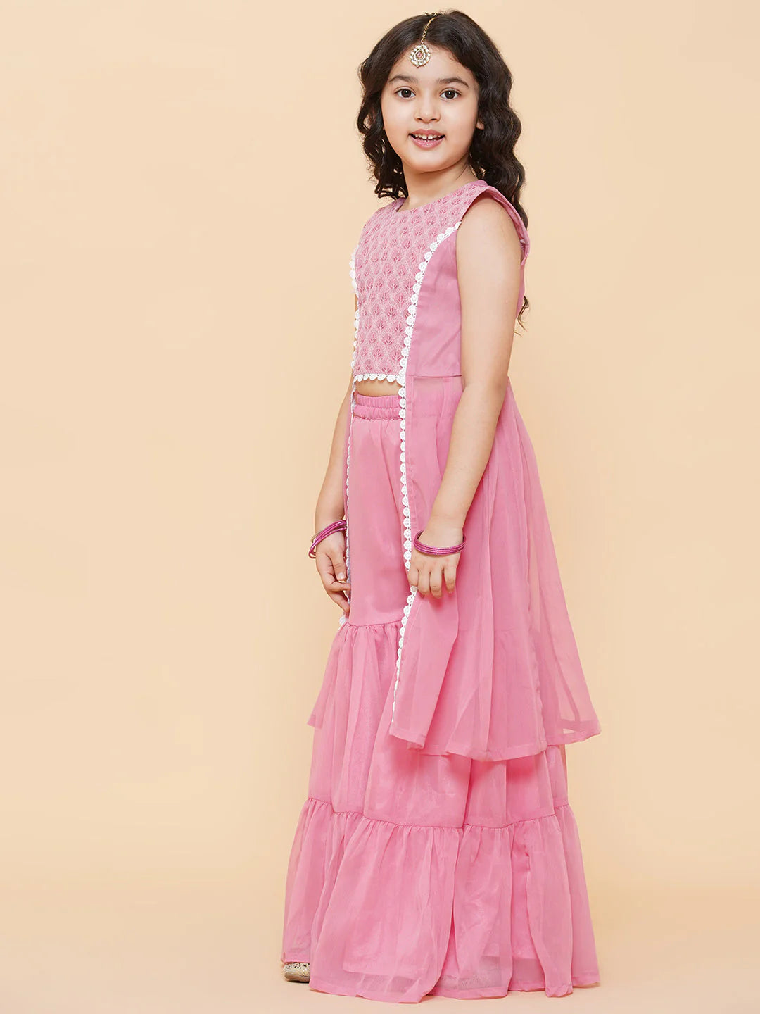 Pink Fancy Poly Georgette Straight Kurta With Sharara Dress