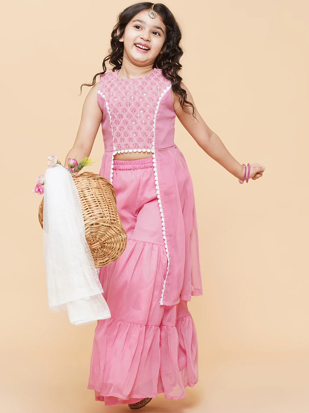 Pink Fancy Poly Georgette Straight Kurta With Sharara Dress