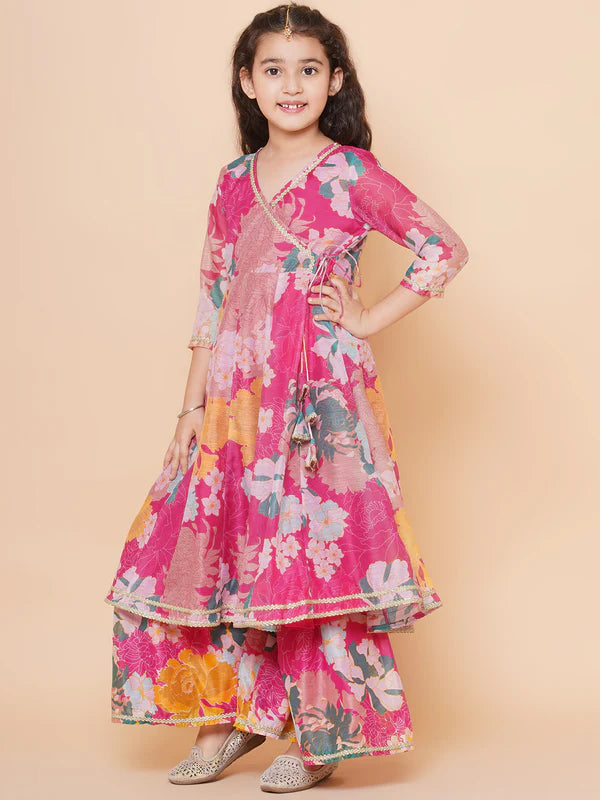 Girls Pink Multi Floral Printed Angrakha Gotta Patti Kurta & Sharara, dupatta Ethnic Traditional Dress