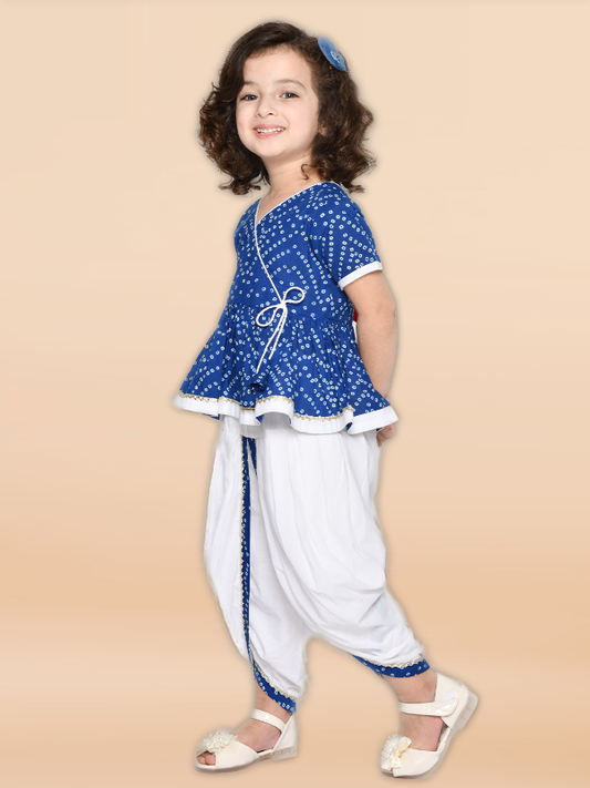 Purple Prunes Girls Bandhani Blue & White Cotton Printed Dhoti Dress