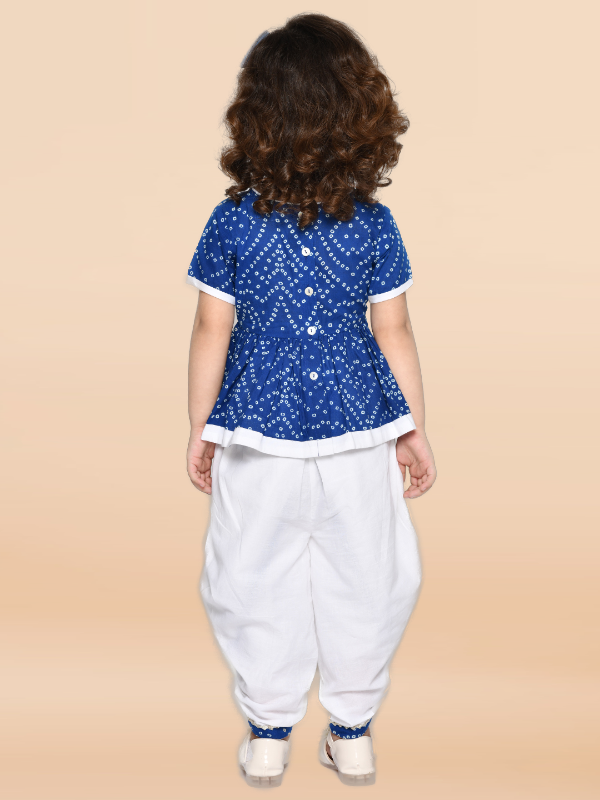 Purple Prunes Girls Bandhani Blue & White Cotton Printed Dhoti Dress