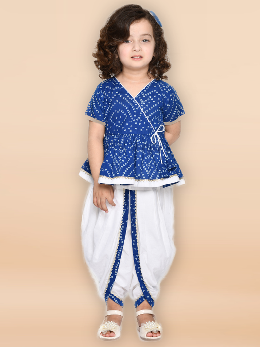 Purple Prunes Girls Bandhani Blue & White Cotton Printed Dhoti Dress