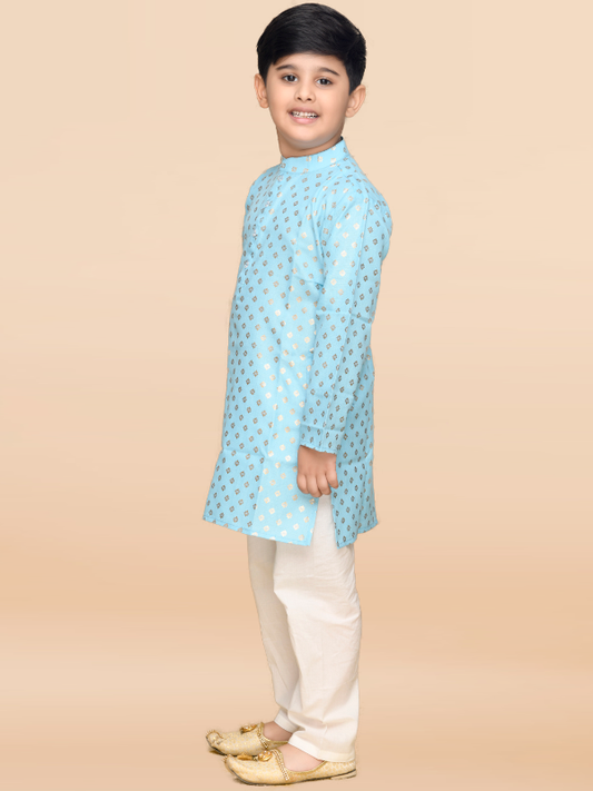 Purple Prunes Boys Blue & Gold Printed Ethnic Kurta With Off White Pajama
