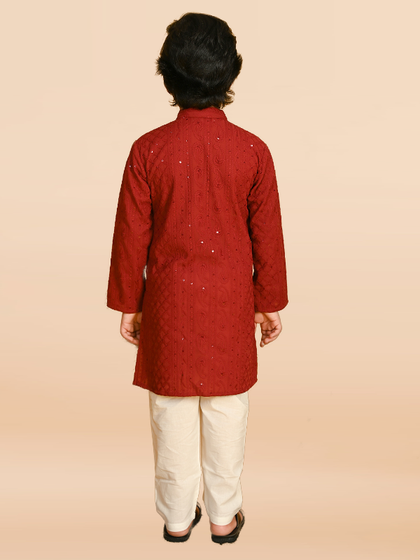 Purple Prunes Boys Maroon Embroidered Kurta With Pajama Ethnic wear