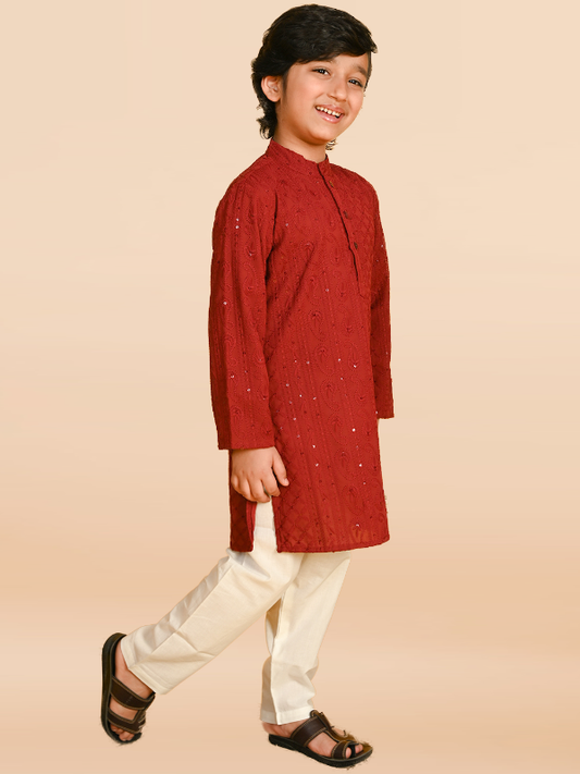Purple Prunes Boys Maroon Embroidered Kurta With Pajama Ethnic wear
