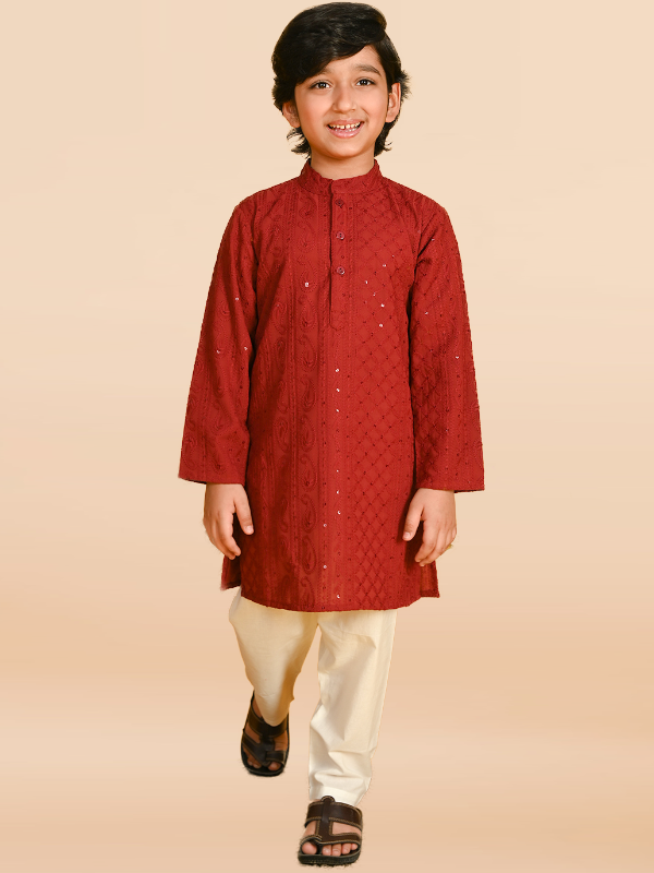 Purple Prunes Boys Maroon Embroidered Kurta With Pajama Ethnic wear