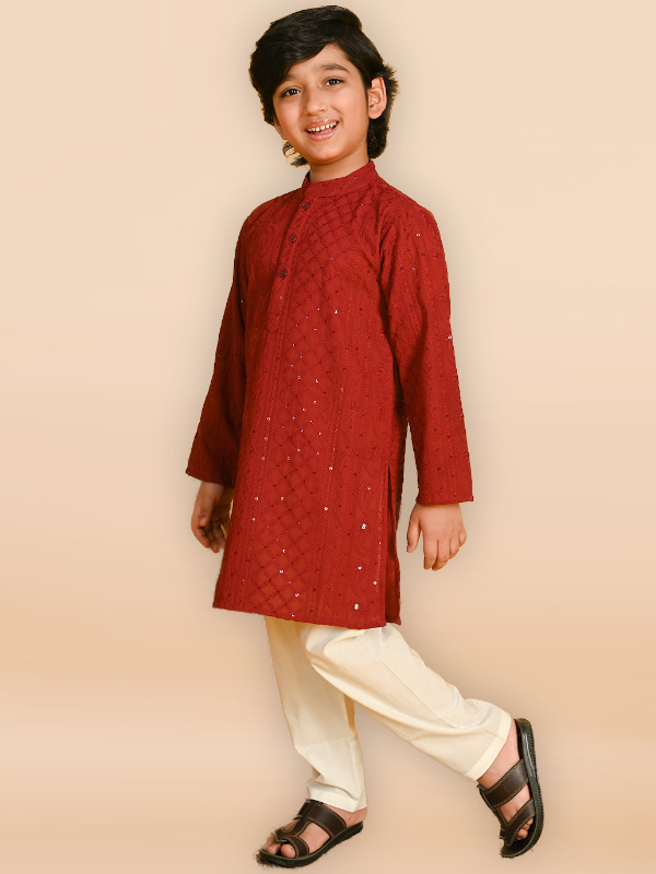 Purple Prunes Boys Maroon Embroidered Kurta With Pajama Ethnic wear
