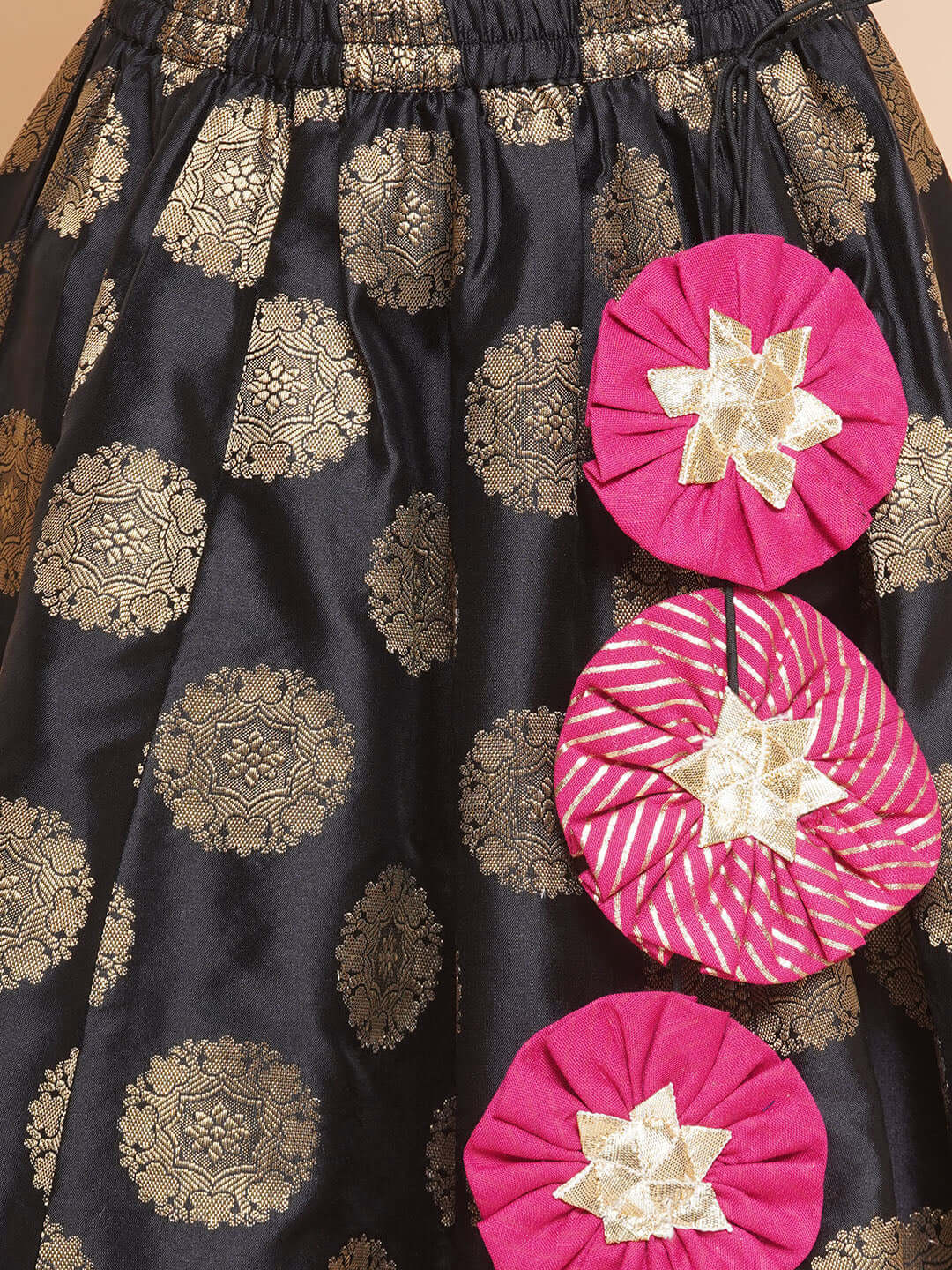 Purple Prunes Girls Black & Gold Toned Embroidered Lehenga