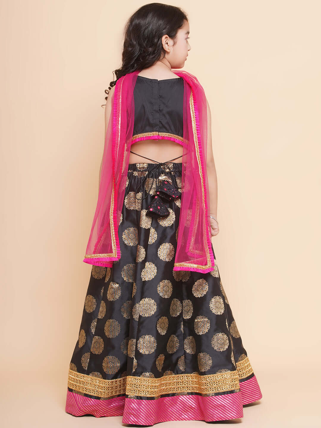 Purple Prunes Girls Black Gold Toned Embroidered Lehenga Blouse Red Dupatta Clothes
