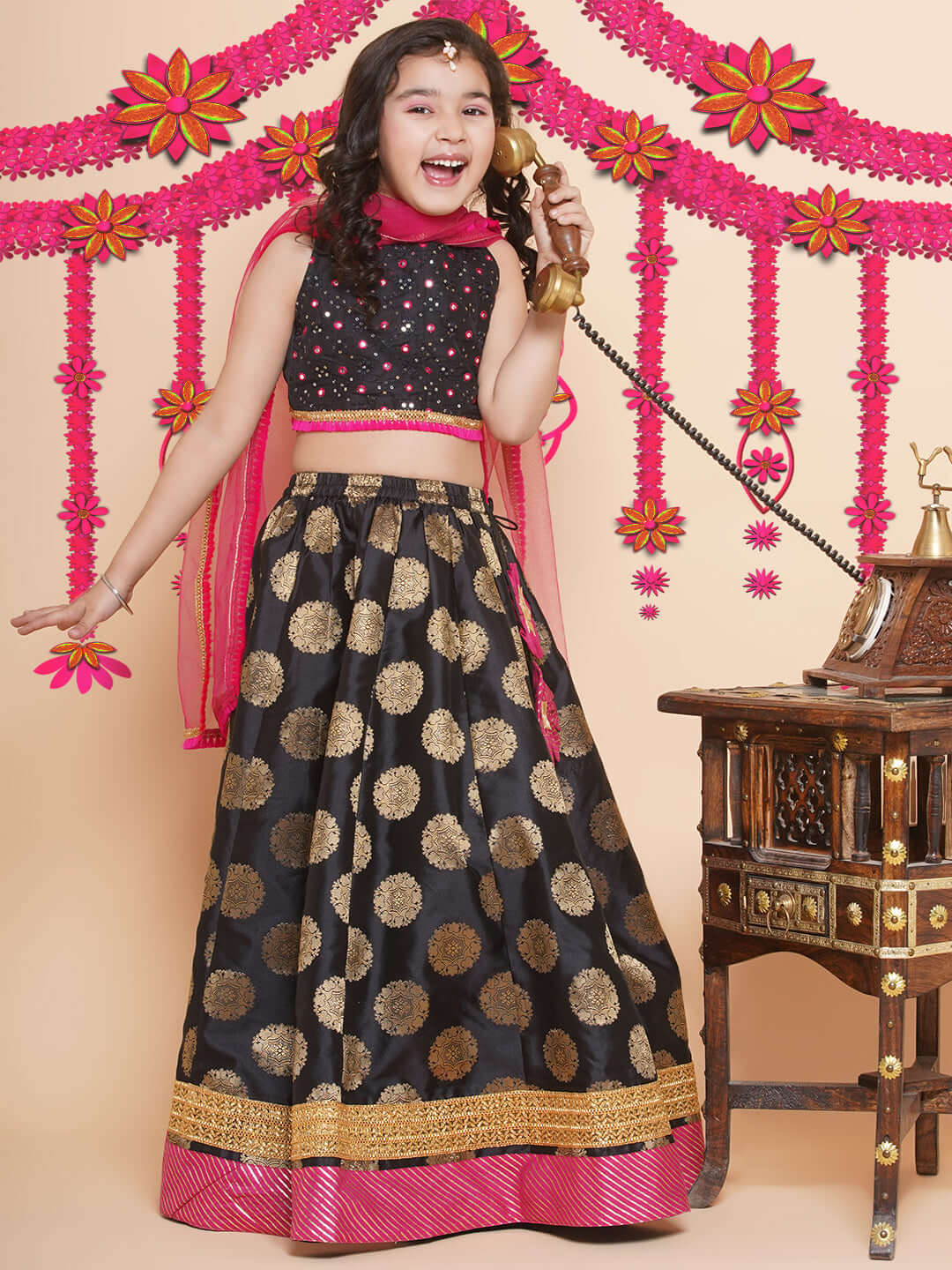 Purple Prunes Girls Black & Gold Toned Embroidered Lehenga & Blouse With Dupatta Kids Wear