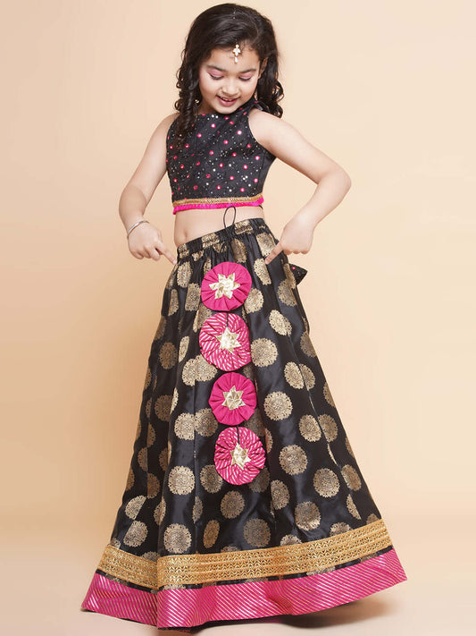 Purple Prunes Girls Black & Gold Toned Embroidered Lehenga & Blouse With Dupatta Dress