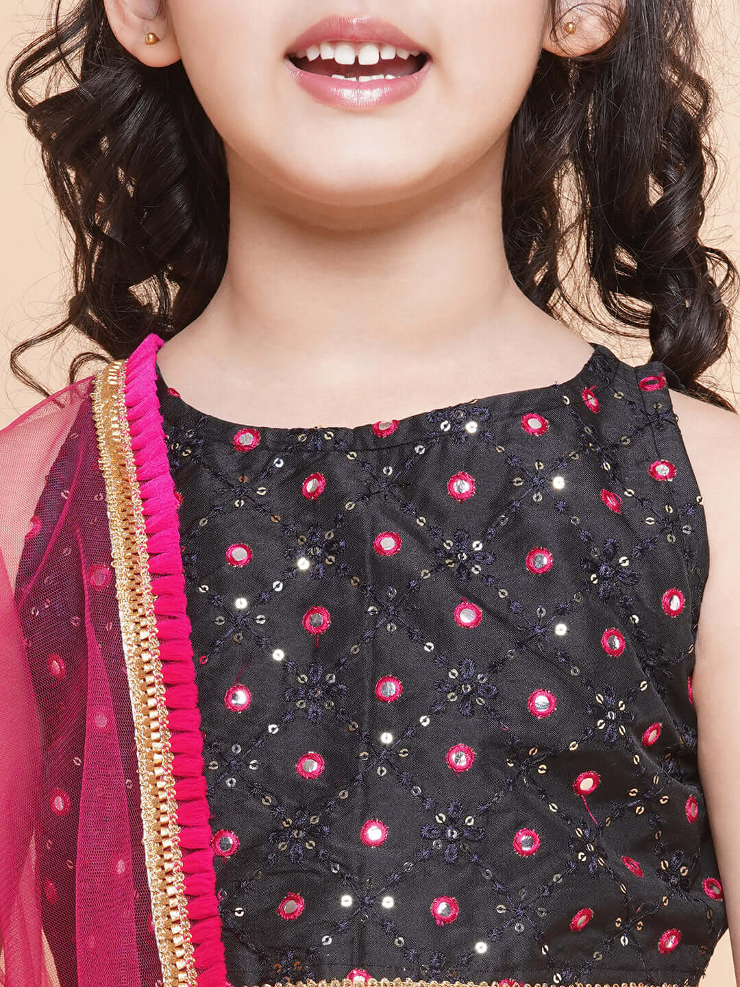 Purple Prunes Girls Black & Gold Toned Embroidered Lehenga & Blouse