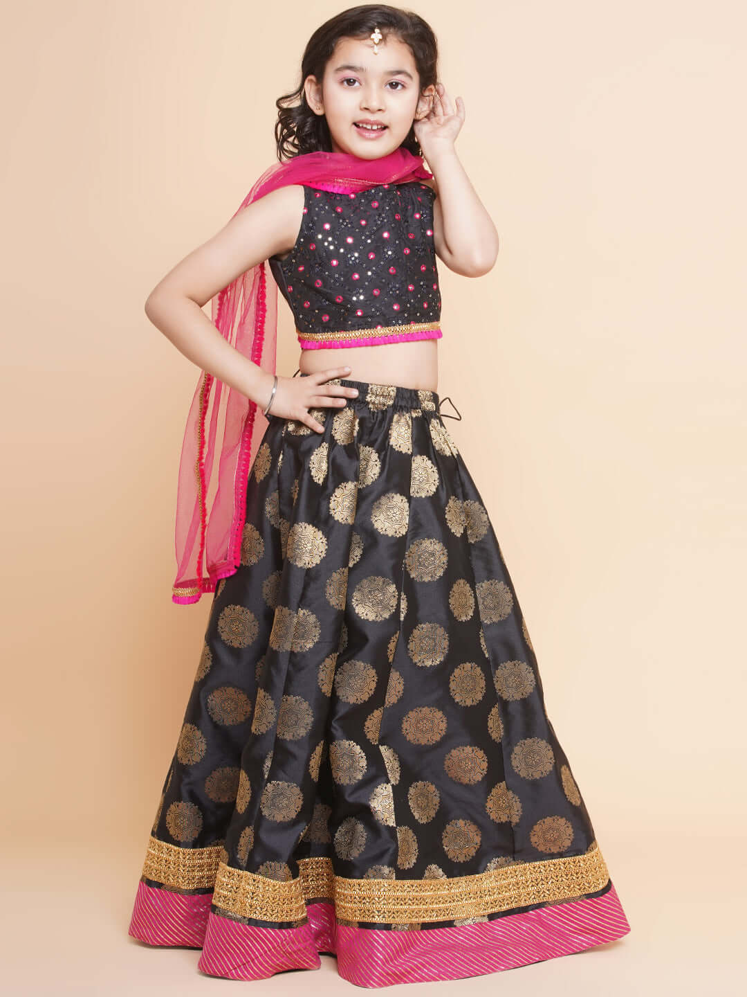 Purple Prunes Girls Black & Gold Toned Embroidered Lehenga & Blouse With Dupatta