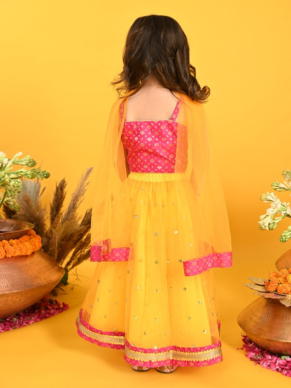 Purple Prunes Girls Orange Lehenga Dress with Sequence Work & Choli In Magenta