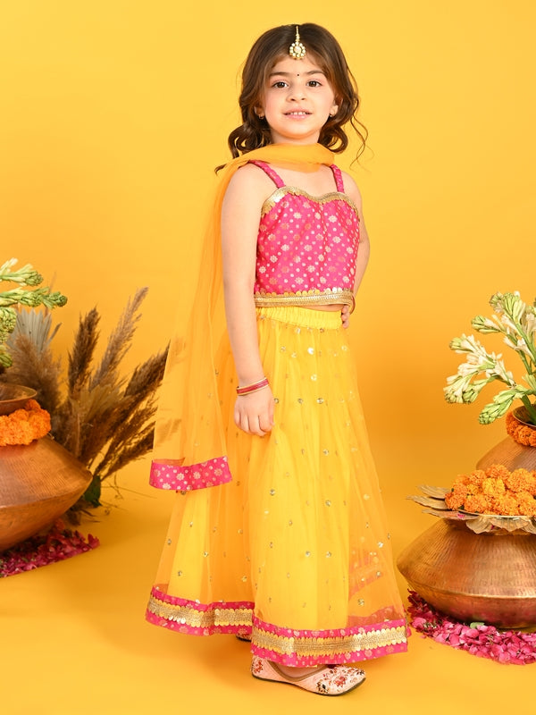 Purple Prunes Girls Orange Lehenga Dress with Sequence Work & Choli In Magenta