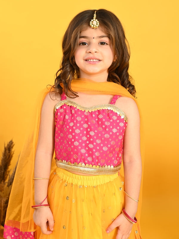 Purple Prunes Girls Orange Lehenga Dress with Sequence Work & Choli In Magenta