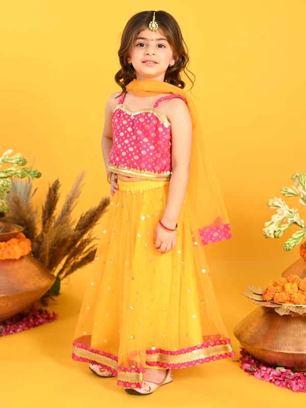 Purple Prunes Girls Orange Lehenga Dress with Sequence Work & Choli In Magenta