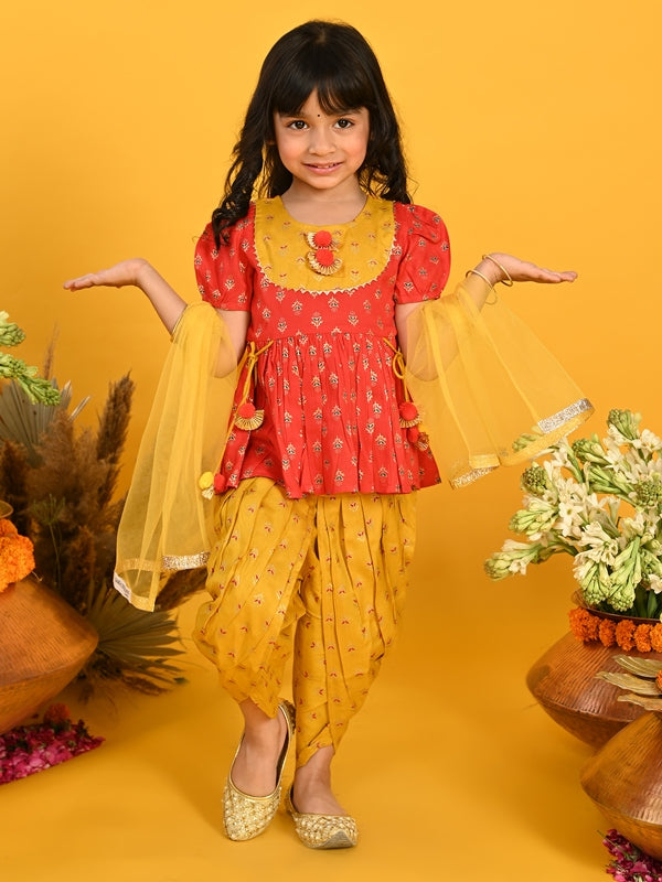 Purple Prunes Girls Red Cotton Top With Mustard Dhoti Dress