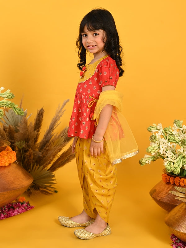 Purple Prunes Girls Red Cotton Top With Mustard Dhoti Dress