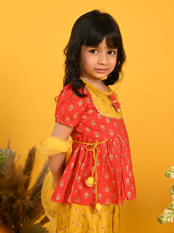 Purple Prunes Girls Red Cotton Top With Mustard Dhoti Dress