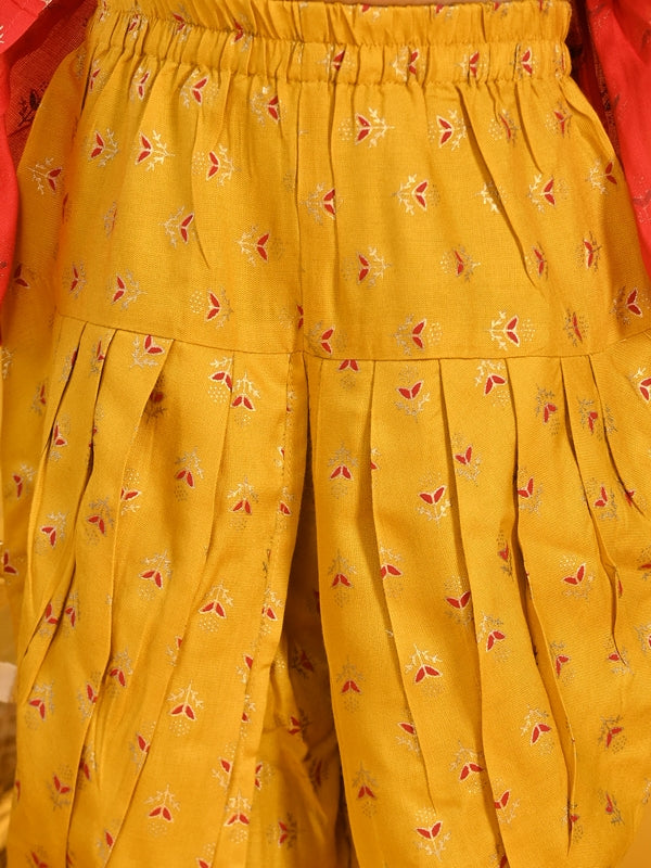 Purple Prunes Girls Red Cotton Top With Mustard Dhoti Dress