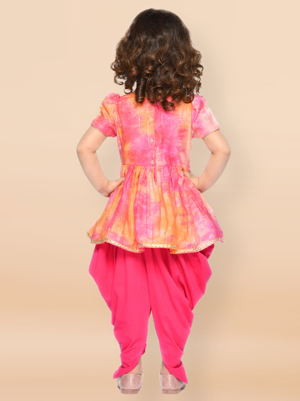 Purple Prunes Orange Magenta Angrakha Kurta and Dhoti For Girls