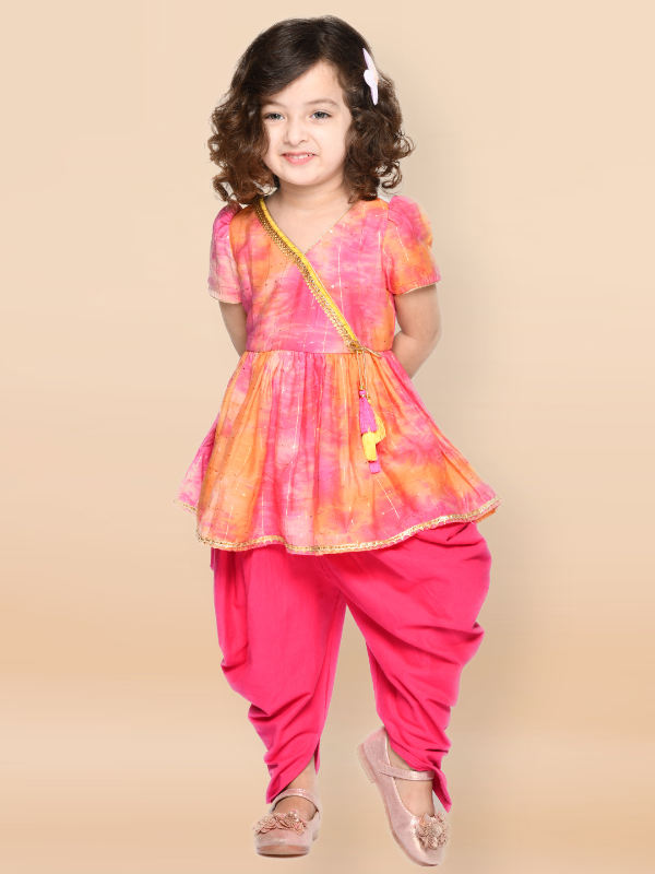 Purple Prunes Orange Magenta Angrakha Kurta and Dhoti For Girls